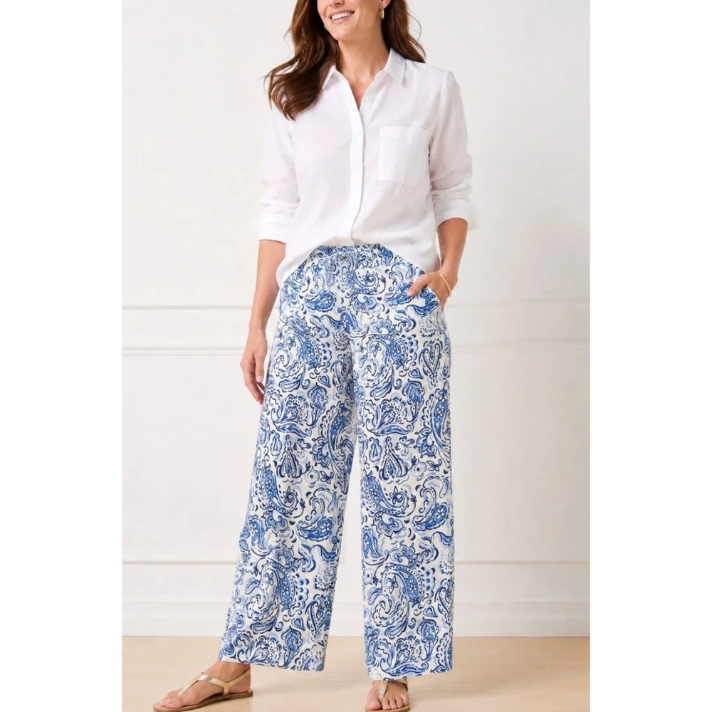 Talbots Womens Large Blue White Paisley Print Wide Leg Pants Satin Flowy Loose